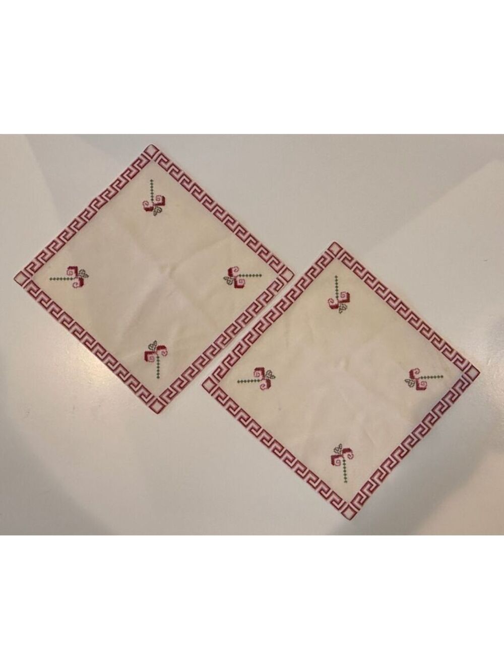 Vintage Hand Stitched Needlepoint Cross Stitch Table Mats Set of 2 9” Floral